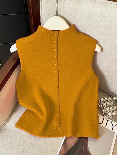 Franclia Casual Loose Fit Sleeveless Turtleneck Buttoned Knit Top, Red, For Women, Spring/Autumn Solid Color Tops Sweater Vest For Women Mustard Top Knit Tops Knit Top Women