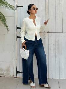 Dazy Plus Áo cardigan/áo thun dài tay dáng rộng dành cho nữ cỡ lớn, kiểu dáng công sở thanh lịch, chất liệu jacquard khoét rỗng, thích hợp cho mùa xuân và mùa hè. - Màu be - Xem 4
