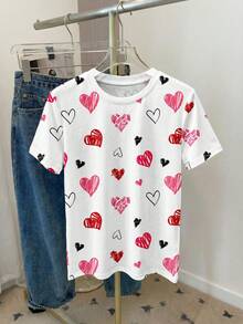 SHEIN LUNE 女士休闲简约爱心图案圆领宽松短袖T恤，适合夏季穿着，可爱短袖上衣，女士可爱上衣 - 彩色 - 查看 4