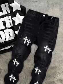 SHEIN 街头服饰青少年男孩休闲卡通印花宽松长袖连帽衫运动衫时尚经典酷炫十字印花牛仔裤 Y2K 风格服装 - 黑色 - 查看 5