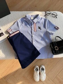 SHEIN 两件套，价格实惠，休闲运动学院风，彩色条纹缎带装饰Polo领短袖衬衫搭配卡其色梭织短裤，适合日常穿着、运动、郊游、校园活动、聚会、节日庆典、拍照、返校季、春夏穿着。 - 藏蓝色 - 查看 8