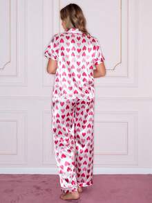 SHEIN Heart Pattern Faux Silk Lapel Short Sleeve Pajama Set For Women - White - View 3