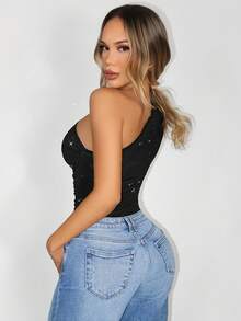 VaVaBold Women's Shiny Sleeveless Bodysuit - Black - View 4