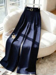Selianne 女士新款藏蓝色条纹西装裤，高腰优雅时尚高端褶裥弹力腰直筒宽松阔腿休闲裤，适合春秋季、日常通勤，百搭 - 藏蓝色 - 查看 2