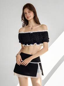 Ardnt Áo croptop trễ vai tay phồng chấm bi kiểu Pháp thanh lịch, viền bèo nhún, kiểu dáng gợi cảm, thời trang mùa hè mới dành cho nữ. - Đen và trắng - Xem 5