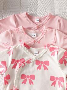 SHEIN Bộ 3 món áo liền quần ngắn tay dễ thương, thoải mái, mềm mại, thoáng khí cho bé trai/bé gái sơ sinh/trẻ nhỏ, kiểu dáng tối giản, họa tiết gấu đáng yêu, thích hợp cho mùa xuân, hè, thu, đông, mặc hàng ngày, dự tiệc sinh nhật, chụp ảnh. - Hồng - Xem 6