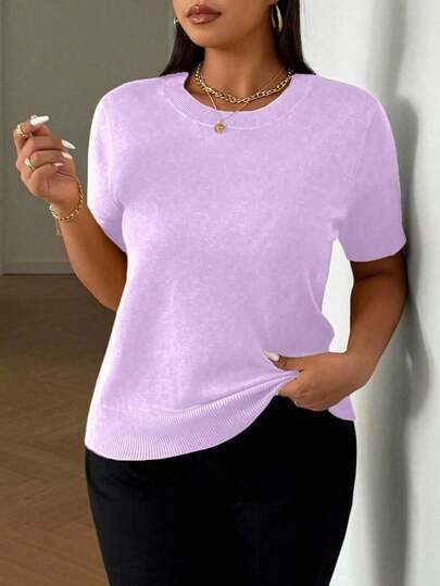 SHEIN LUNE Plus Size Women Knit Short Sleeve Crew Neck Loose Fit Sweater Solid Color Tops Round Neck Top Casual T Shirt Women Short Sleeve Women Tops Plain Tshirts Women