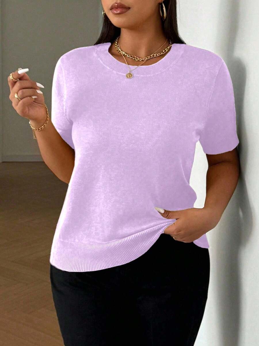 SHEIN LUNE 大码女式针织短袖圆领宽松毛衣 - 淡紫色 - 查看 1