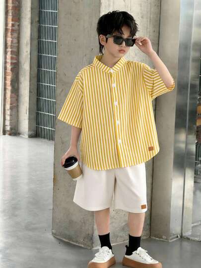 SHEIN 2pcs Kids/Tween Boys' Casual Striped Collar Open Front Loose Short Sleeve Shirt & Solid Shorts Set, Comfortable For School, Garden, Beach, Birthday, Spring/Summer/Fall/Winter