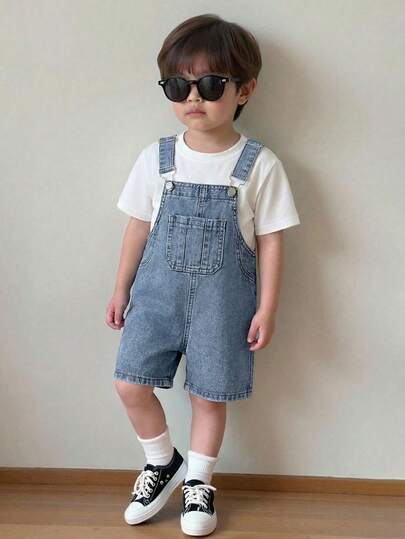 Young BoyLoose Fit Blue Denim Bib Shorts