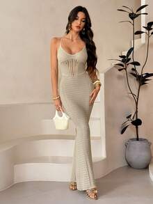 SHEIN Tall Elegant Deep V-Neck Hollow Out Spaghetti Strap Back Tie Backless Slim Summer Crochet Dress - Beige - View 6