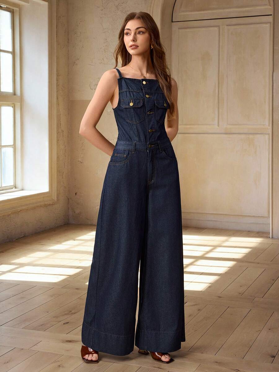 Selenza Women's Asymmetric Pocket Button Casual Jumpsuit - Blue - View 1