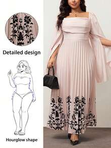 Hourglow Große Größen Elegantes Kleid für Damen mit Blume Muster, quadratischem Ausschnitt, Rüschensaum und Schlitzärmeln - Aprikosenfarben - Übersicht 9