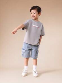 SUMWON Boys Casual Short Sleeve T-Shirt With Front Chest Text Print And Crew Neck Regular Fit Spring Summer Top - Grey - View 3