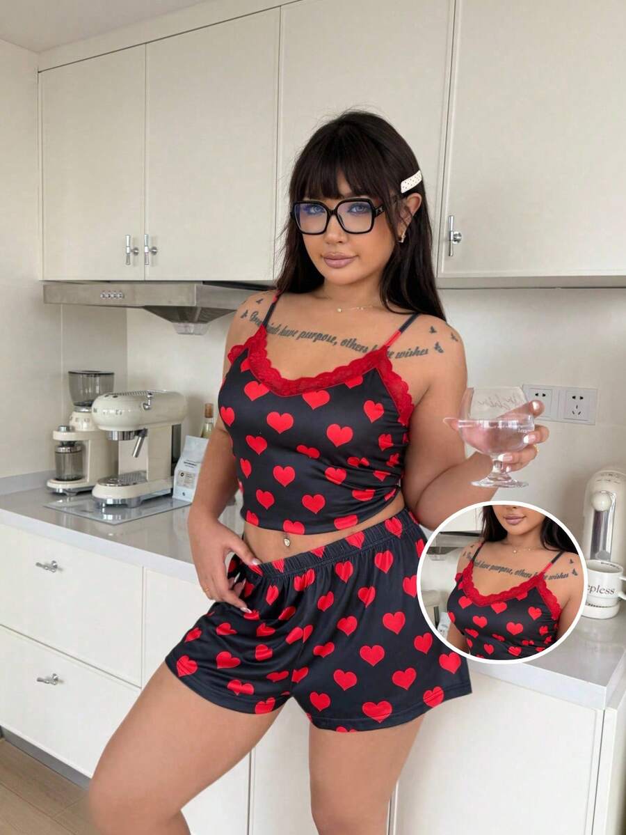 ZzzCrew Bộ đồ ngủ cỡ lớn 2 món gồm áo hai dây cổ chữ V phối ren và quần short, thích hợp cho mùa hè. - Nhiều màu - Xem 1