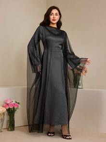 Al Najma 女士优雅撞色网纱宽松阿拉伯风连衣裙，秋季 - 灰色 - 查看 5