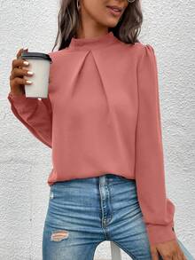 EMERY ROSE Women's Casual Everyday Commute Solid Color Stand Collar Lantern Sleeve Loose Top, Spring/Autumn - Red - View 3