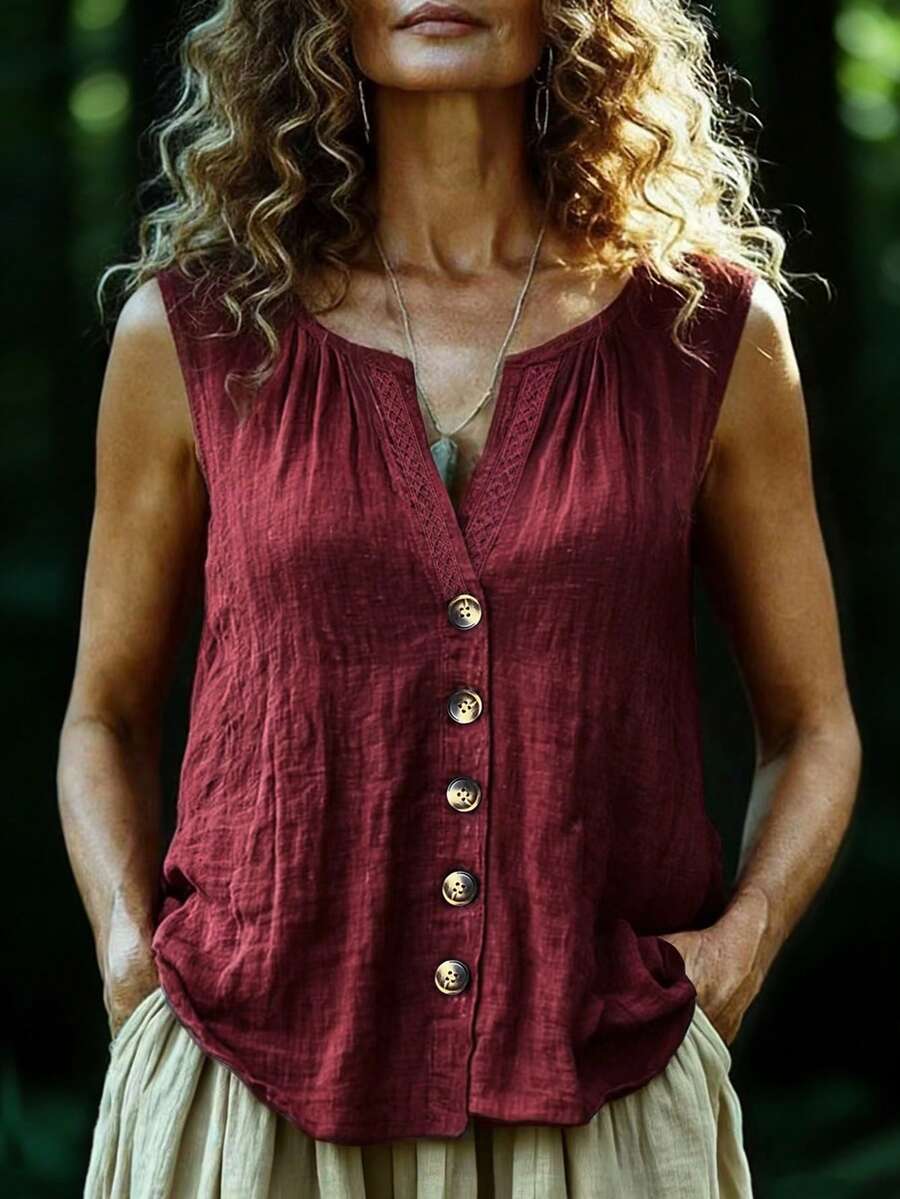 EMERY ROSE Women's Contrast Lace Single-Breasted Casual Vest - Red - View 1