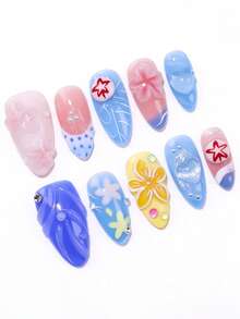 ROMWE Anime 10 Cute Simple Flowers, Love Stars, Fake Nail Pads And A Piece Of Double-Sided Tape. - Blue - View 3