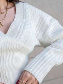 Hitanina Women's Deep V-Neck Cable Knit Patchwork Sweater, Loose Top & Tight Bottom, Beige, Autumn/Winter,Fall - Beige - View 4