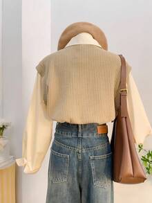 INAWLY Women's Casual Color Block Patchwork 2 In 1 Shirt - Khaki - View 2