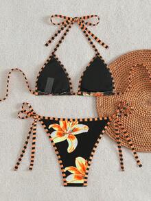 Swim Mod Women's New Floral Print Spaghetti Strap Backless Top And Side Tie Swim Bottoms Sexy Bikini Set Set - Black - View 5
