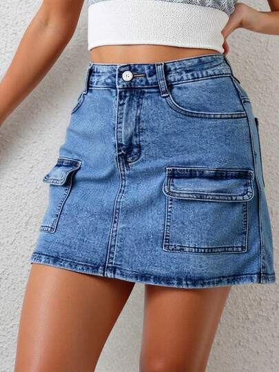 Falda mezclilla mujer urbana corta primavera verano atemporal estilo cargo bolsillos cargo juvenil cintura alta moda casual mujer