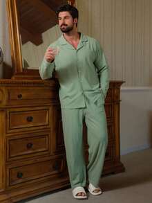 DAZY Herrpyjamasset med långärmad skjorta och byxor, vår - Grön - Visa 4