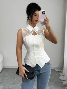 SHEIN Elenzya Women's 2026 Summer New Arrival Light Apricot Woven Jacquard Fabric Contrast Lace Casual Shirt (Random Print) - Apricot - View 1