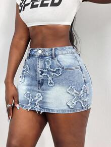 Slaydiva Rok Denim Ombre Wanita dengan Kantong Miring, Modis dan Kasual - Biru - View 6