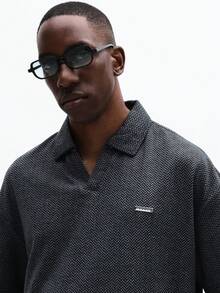 SUMWON Relaxed Herringbone Collared Short Sleeve Casual Polo Shirt For Weekend Wear Spring Summer Plain - Black - View 4