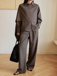 Dazy-Less 春夏修身休闲通勤职业套装，短款上衣搭配直筒裤，优雅通勤复古风，适合商务休闲女性。 - 灰色 - 查看 7