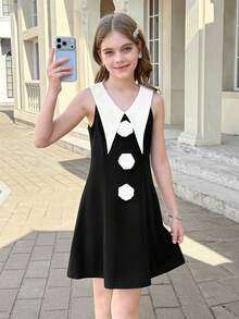 SHEIN Tween Girl Floral Decor Contrast Collar Sleeveless Black And White Dress,Summer Cute Modest Elegant Evening Party Formal Kids Mother Daughter Outfit - Black - View 5