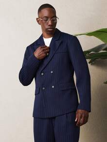 SUMWON 海军蓝细条纹双排扣西装外套和西裤两件套商务正装套装，经典专业男装，适合办公室、婚礼等场合。 - 藏蓝色 - 查看 3