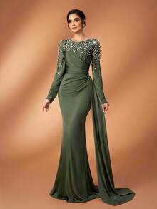 Serin Elegant Luxurious Diamond Rhinestone Elastic Knit Ruched Mermaid Skirt With Side Slit, Suitable For Weddings, Parties, Vacations, Galas, Holidays, Mother Of The Bride Evening Gowns - Army Green - View 4