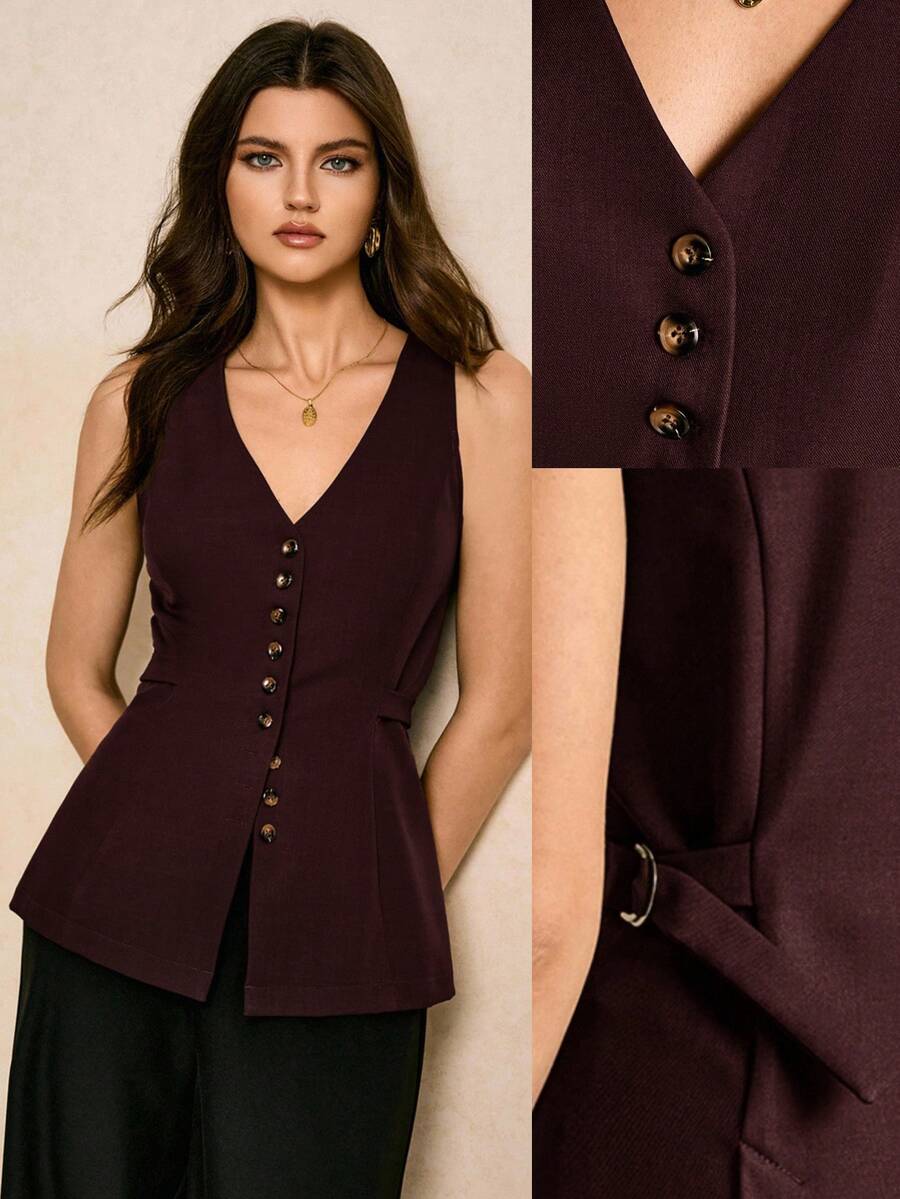 Poéselle Women's Solid Color V-Neck Front Button Fitted Casual Tank Top - Coffee Brown - View 1