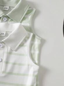 SHEIN Playful Pals Girls' Summer Striped Lapel Sleeveless Dress - Green - View 5