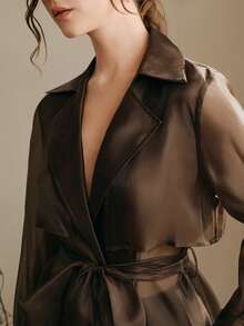 Anewsta 摩卡棕色时尚翻领系腰带修身短款夹克，百搭显瘦长袖，春夏款 - 摩卡棕 - 查看 4