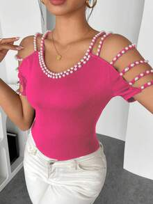 EMERY ROSE Camiseta ajustada de mujer con cuello redondo, tirantes con cuentas y diseño de cuentas aleatorio, nueva para primavera/verano - Rosa Fucsia - Ver 6