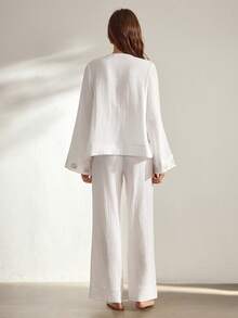 Ocili 100%纯棉舒适波西米亚刺绣贝壳纽扣长袖休闲女式睡衣套装 - 白色 - 查看 3