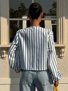 Muchica Women's New Striped V-Neck Front Tie Embroidered Floral Long Sleeve Shirt, Spring/Summer - Blue and White - View 2