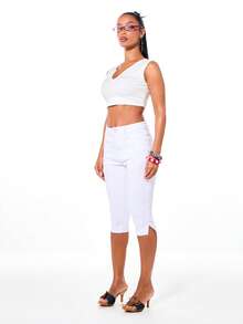 BABYPHAT Stretch Denim Mid Rise Straight Leg Capri Jeans With Button Closure And Rose Gold Logo Pocket Detail Summer Casual - White - View 5