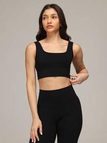 Sigmas Women's Square Neck Tank Yoga Workout Top - Black - View 5