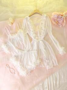 DelicateAllure 3件套女士性感网纱吊带背心、蕾丝边上衣和睡袍睡衣套装，白色 - 白色 - 查看 7