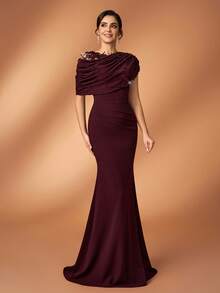 Serin 优雅浪漫奢华黑色弹力针织撞色网纱不对称荷叶边美人鱼裙摆连衣裙，饰有贴花、珠子和水钻设计，适合晚宴、约会、婚礼、新娘母亲礼服 - 紫紅色 - 查看 4