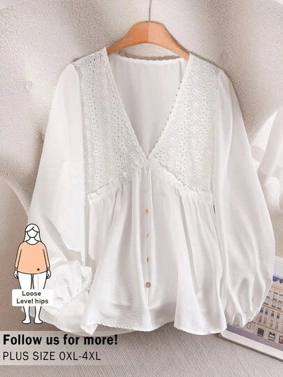 CosyJoli Plus Size Women Floral Lace Trim Blouse, Cute Ladies Shirt, Ruffle Collar Long Sleeve Tops, Spring/Summer White Boho Top Eyelet Blouse Cotton Blouse Cute Blouses Blouse Summer Spring Outfit For Women, Spring Blouse For Women
