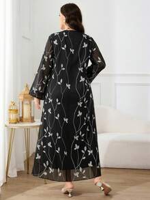 Al Najma Đầm dài tay họa tiết cây cỏ cỡ lớn dành cho nữ, kiểu dáng Ả Rập, 2 trong 1. - màu đen - Xem 3