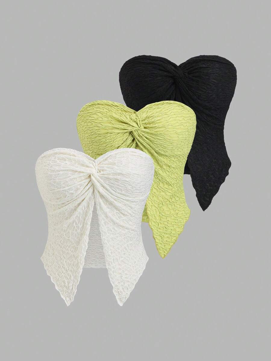 Sweetra 3件套女士夏季休闲度假简约纯色纹理面料扭结前片露脐上衣 - 彩色 - 查看 1