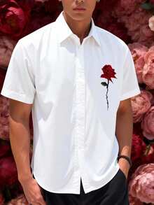 Manfinity Homme 男士玫瑰情人節襯衫，花卉印花短袖單排扣休閒襯衫，白色與紅色夏季度假襯衫 - 彩色 - 查看 4