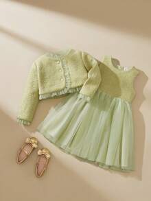 SHEIN Elladie kids 派对礼服，女童公主裙，草绿色香氛外套套装，网纱裙，长袖外套，生日派对，婚礼庆典，草绿色网纱裙，舞会礼服，优雅派对礼服 - 綠色 - 查看 3